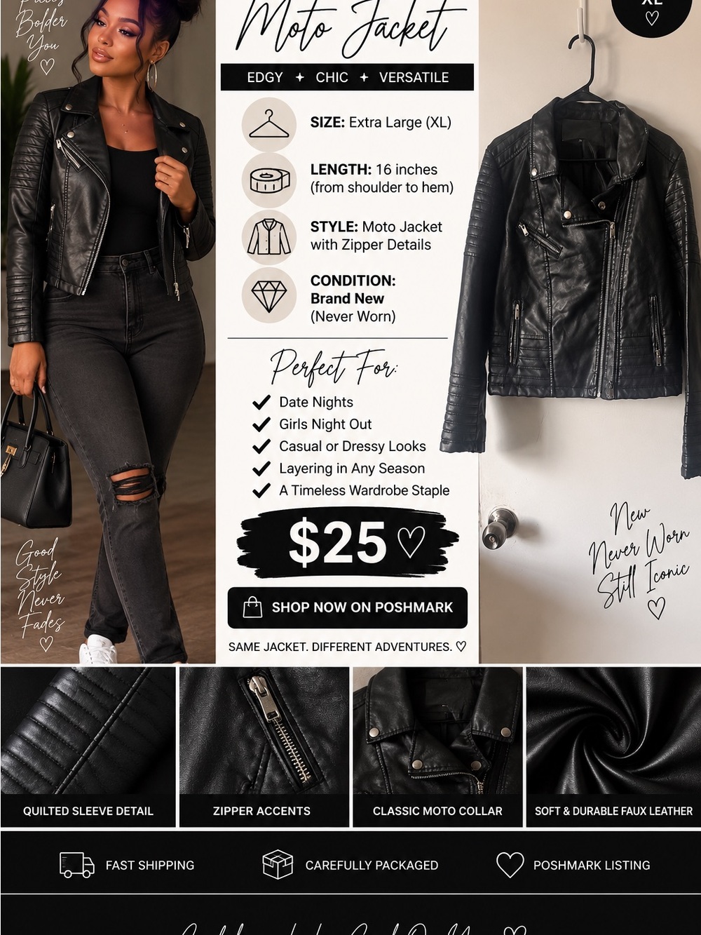 Black Faux Leather Moto Jacket - Quilted Sleeve Detail